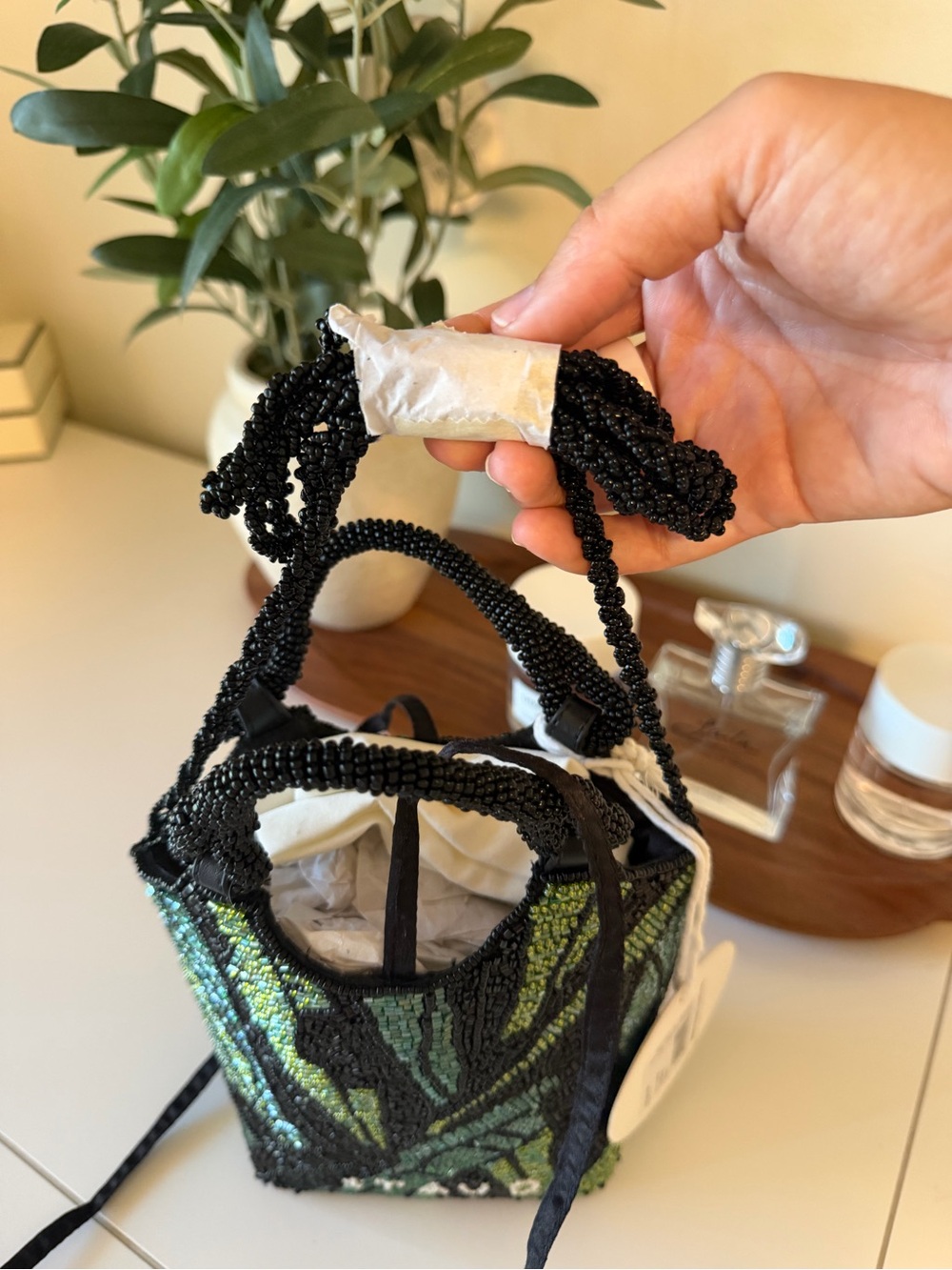 STAUD Beaded Mini Tote in Green and Black - Picture 4 of 5
